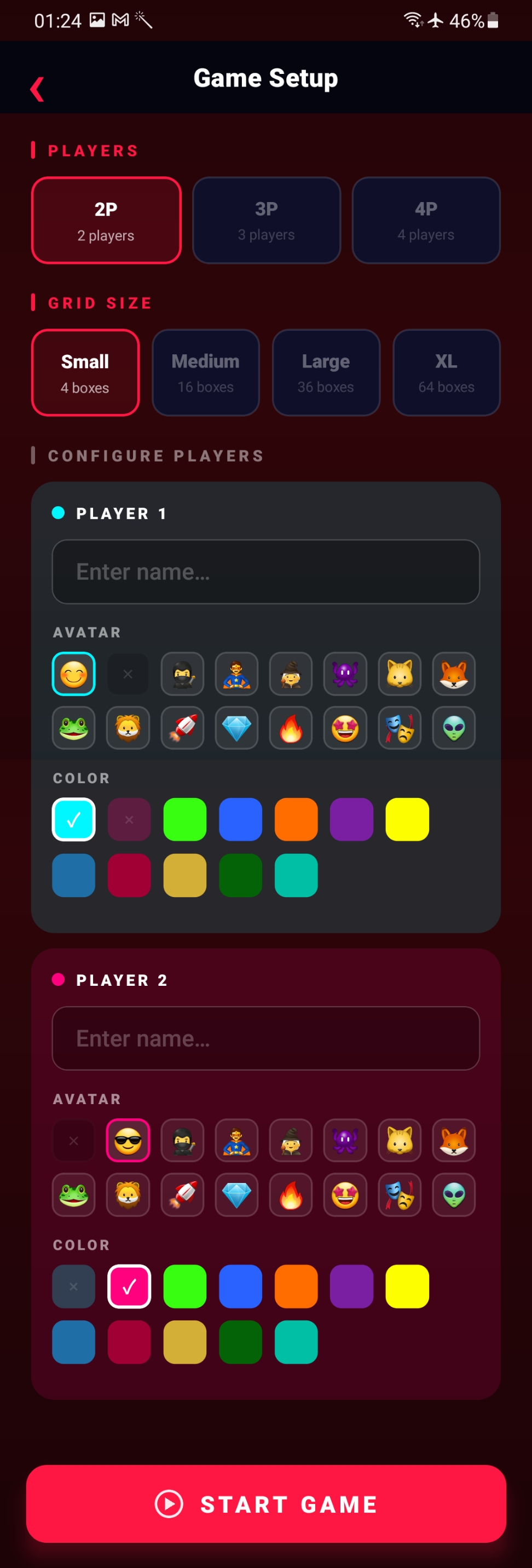 Game setup screen — choose players and colors