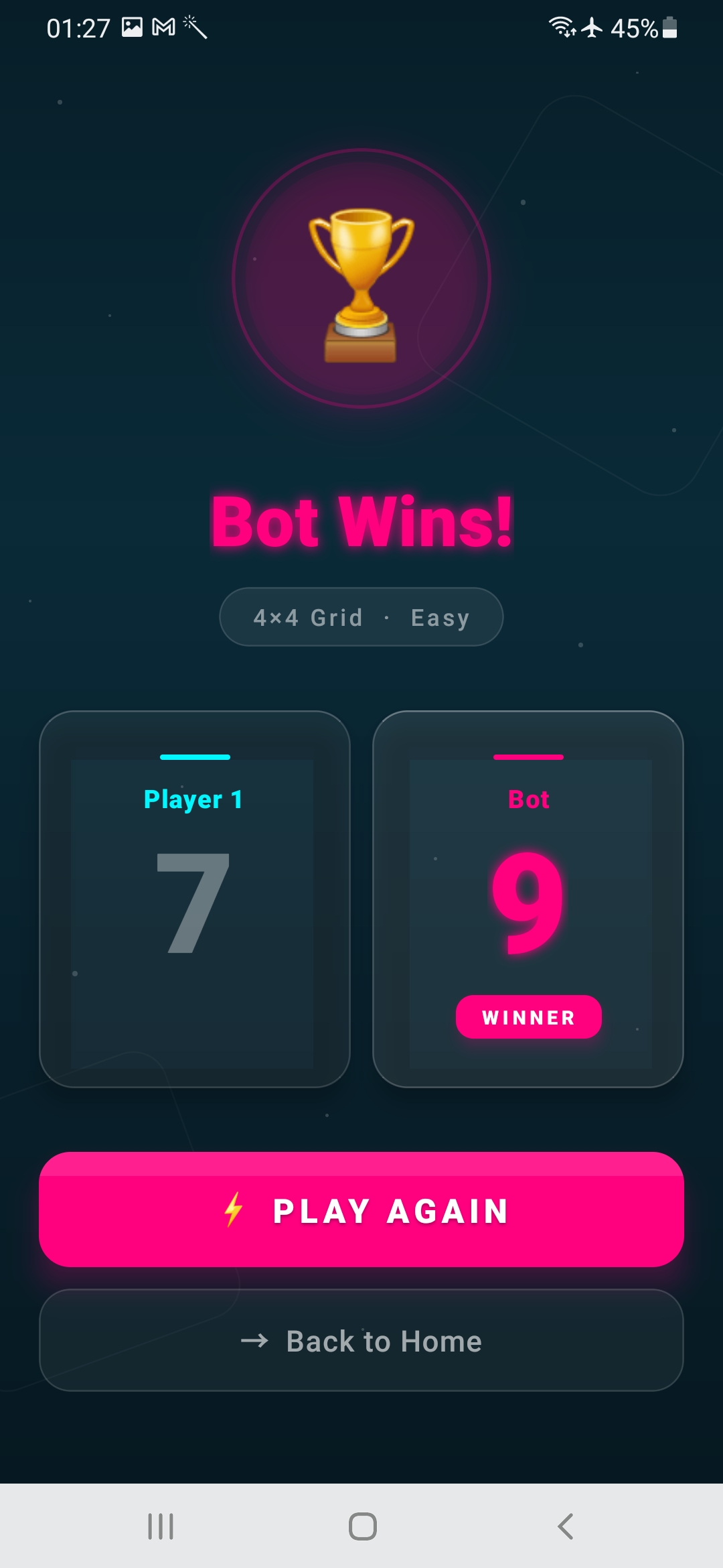 Bot play — result screen